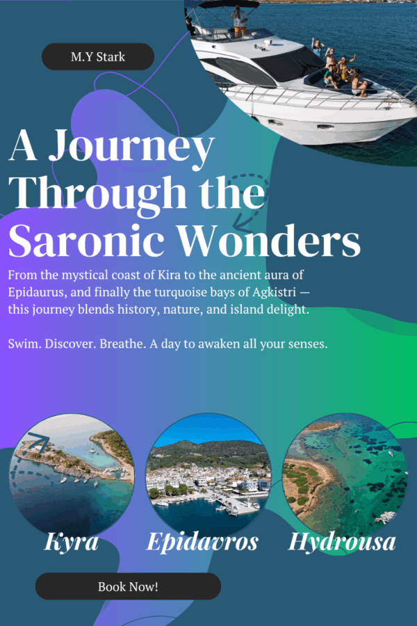 Yacht day trip from Alimos to Kira beach, Ancient Epidaurus and Agkistri island with swimming and sightseeing