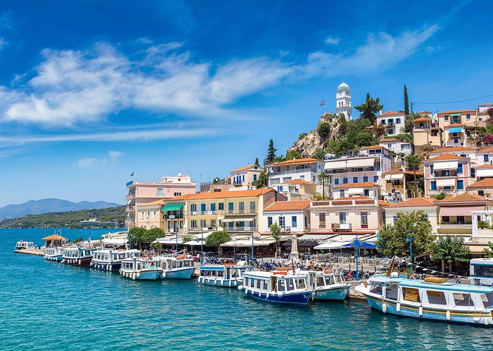 Day cruise from Alimos to Russian Bay, Poros town and Katramonisi with swimming, sightseeing, and local charm