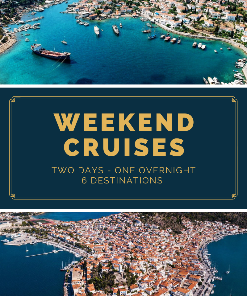 Luxury weekend cruise to Spetses with 4 swim stops and lunch at Poros during an overnight private yacht charter.